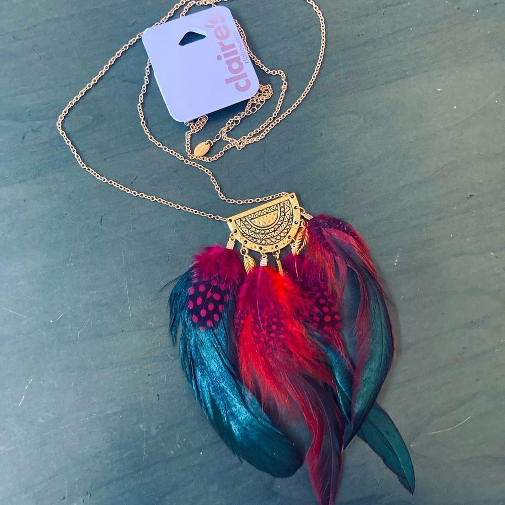 Gold Maroon Boho Feather Long Gold Chain Necklace